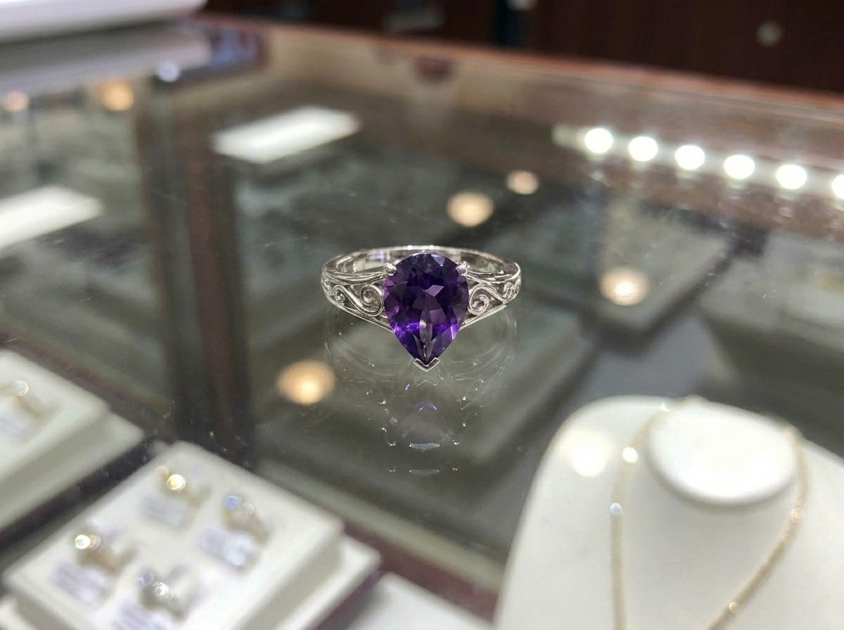 10k White Gold Amethyst Filigree Ring