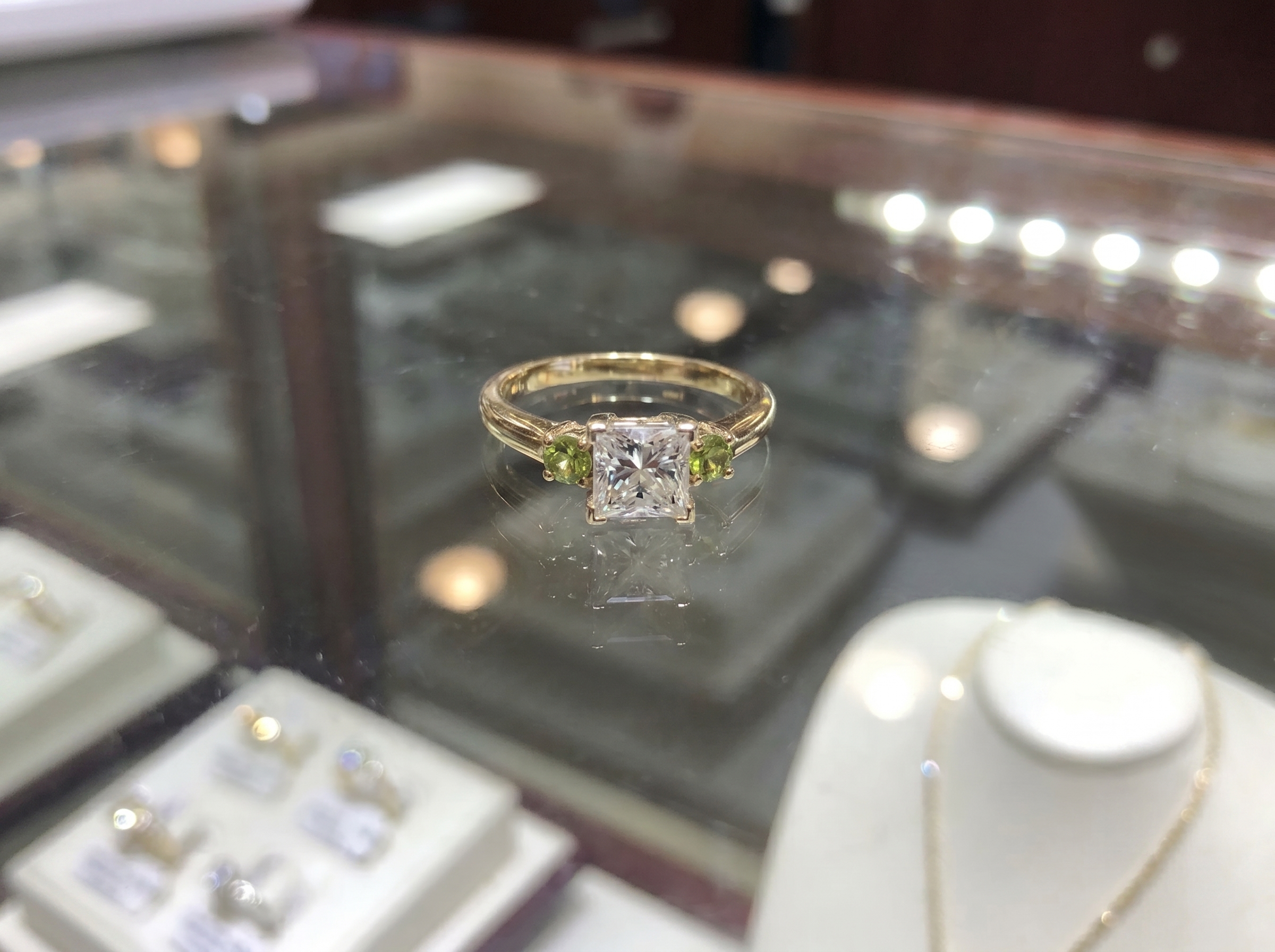 14k Yellow Gold Princess Cut Diamond Ring with Peridot